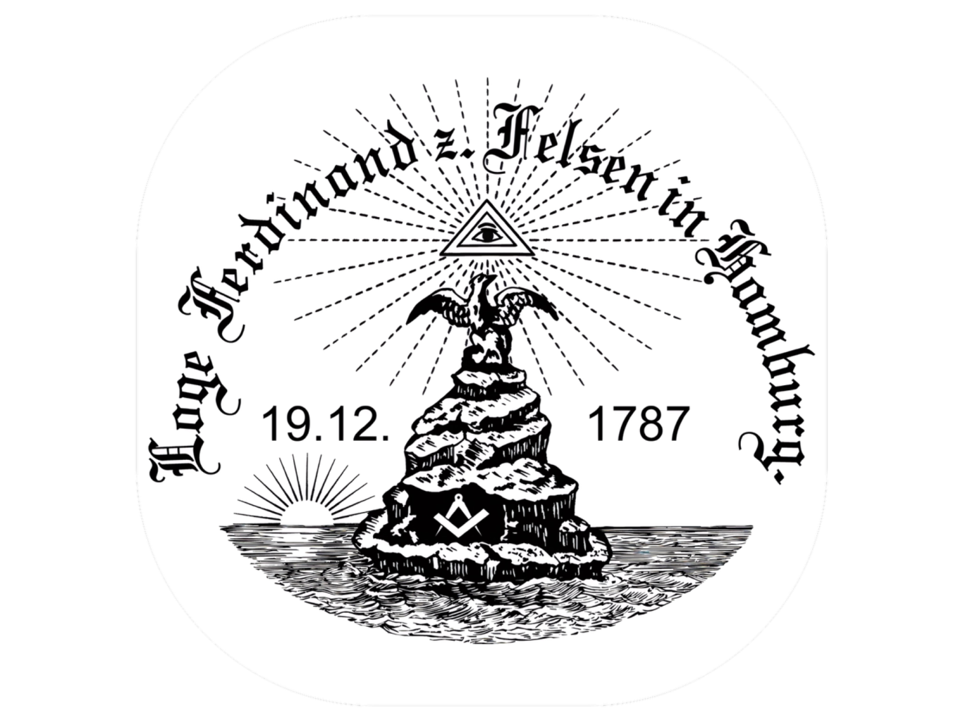 Logo der Loge Ferdinand zum Felsen Wappen der Hamburger Loge Ferdinand zum Felsen mit einem Berg, dem Schriftzug und einer strahlenden Pyramide darüber.